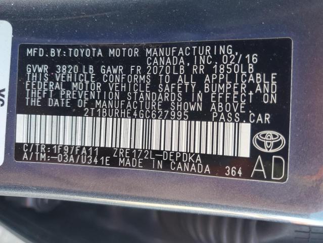 2T1BURHE4GC627995 - 2016 TOYOTA COROLLA L/ L GRAY photo 12