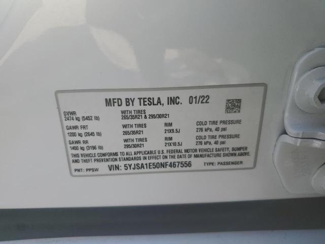 5YJSA1E50NF467556 - 2022 TESLA MODEL S Սպիտակ լուսանկար 12