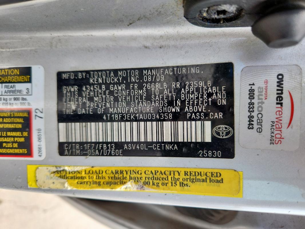 4T1BF3EK1AU034358 - 2010 TOYOTA CAMRY BASE SILVER photo 12