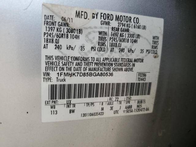 1FMHK7D85BGA80536 - 2011 FORD EXPLORER XLT SILVER photo 12