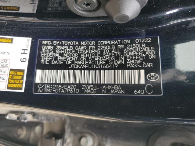 JTDKAMFU1N3168419 - 2022 TOYOTA PRIUS NIGHT SHADE შავი ფოტო 12