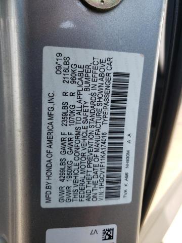 1HGCV1F11KA174016 - 2019 HONDA ACCORD LX SILVER photo 12