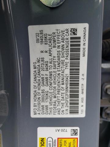 2HGFE2F58NH606421 - 2022 HONDA CIVIC SPORT BLUE photo 12