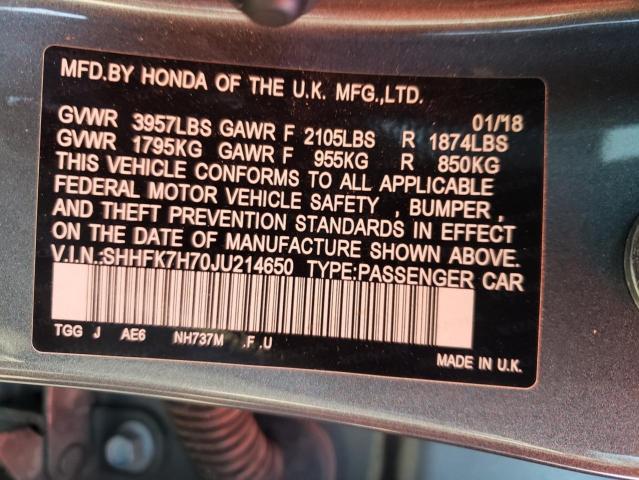 SHHFK7H70JU214650 - 2018 HONDA CIVIC EXL ნაცრისფერი ფოტო 12