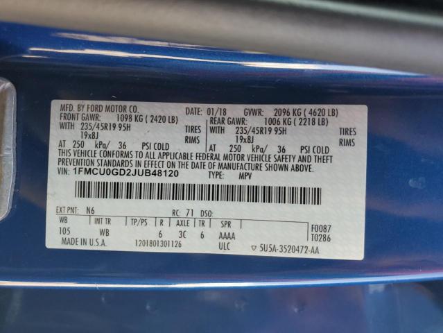 1FMCU0GD2JUB48120 - 2018 FORD ESCAPE SE Niebieski zdjęcie 13