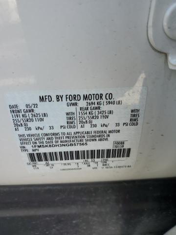 1FMSK8DH3NGB57565 - 2022 FORD EXPLORER XLT WHITE photo 13