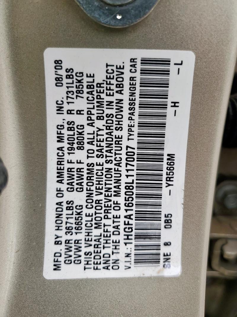 1HGFA16508L117007 - 2008 HONDA CIVIC LX TAN photo 12
