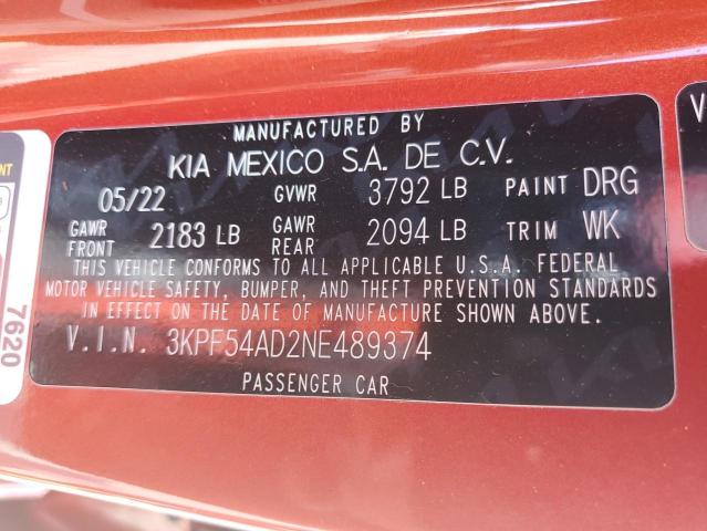 3KPF54AD2NE489374 - 2022 KIA FORTE GT LINE ORANGE photo 12