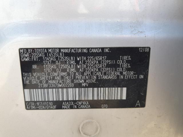 2T3BF33V79W002269 - 2009 TOYOTA RAV4 SILVER photo 13