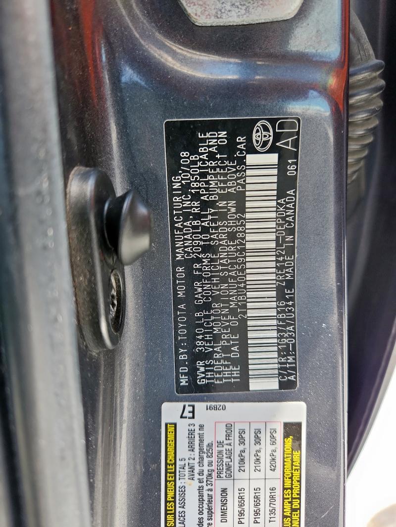 2T1BU40E59C128852 - 2009 TOYOTA COROLLA BASE CHARCOAL photo 12