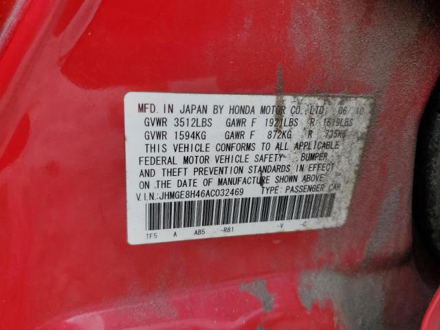 JHMGE8H46AC032469 - 2010 HONDA FIT SPORT RED photo 12