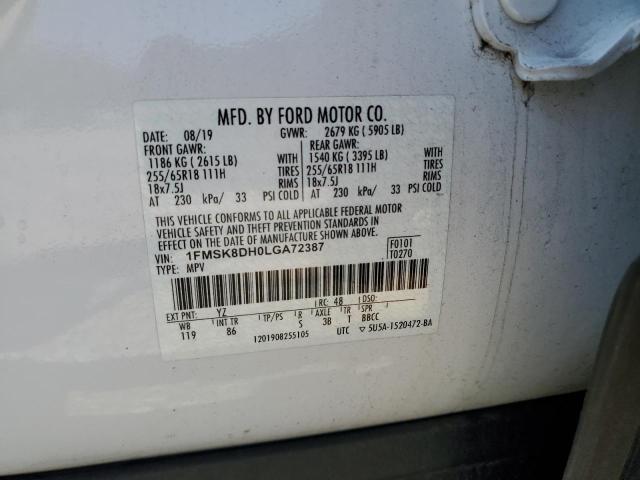 1FMSK8DH0LGA72387 - 2020 FORD EXPLORER XLT Blanco foto 13