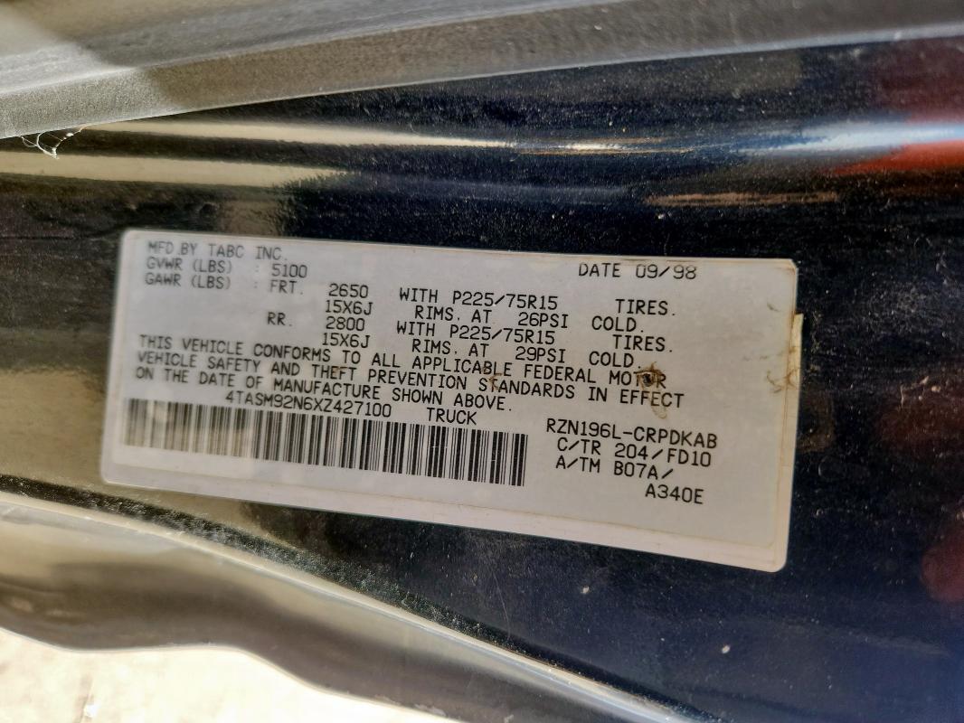4TASM92N6XZ427100 - 1999 TOYOTA TACOMA XTRACAB PRERUNNER Чорний фото 12