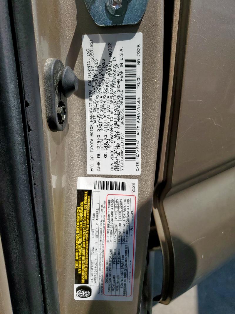 5TEJU62N45Z103157 - 2005 TOYOTA TACOMA DOUBLE CAB PRERUNNER TAN photo 12