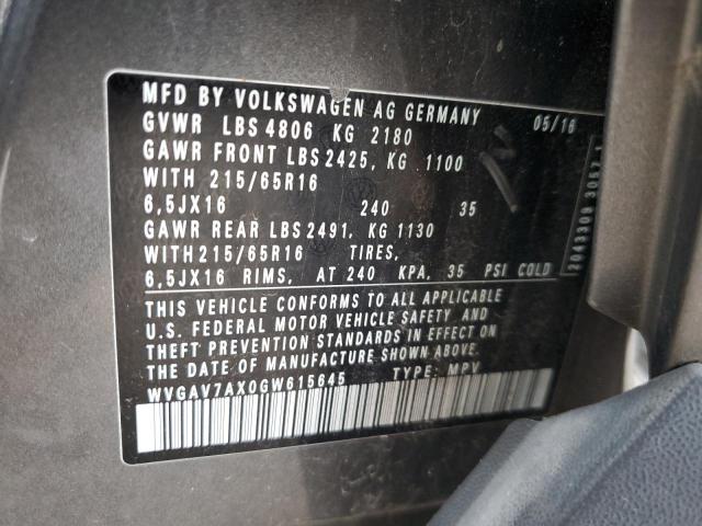 WVGAV7AX0GW615645 - 2016 VOLKSWAGEN TIGUAN S GRAY photo 13