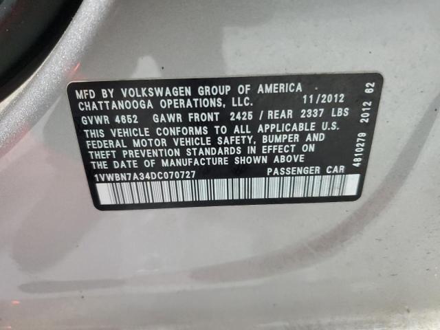 1VWBN7A34DC070727 - 2013 VOLKSWAGEN PASSAT SE 银色 照片 12