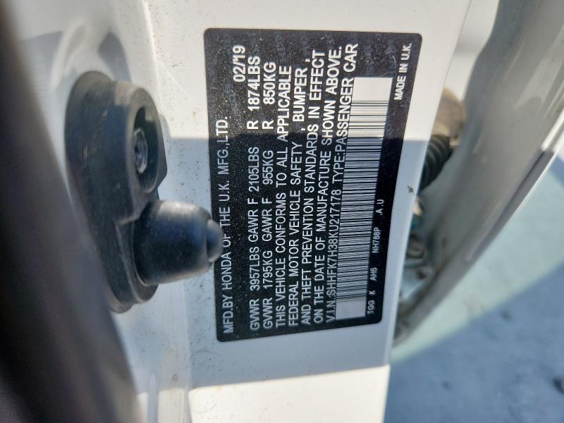 SHHFK7H38KU217178 - 2019 HONDA CIVIC LX WHITE photo 12