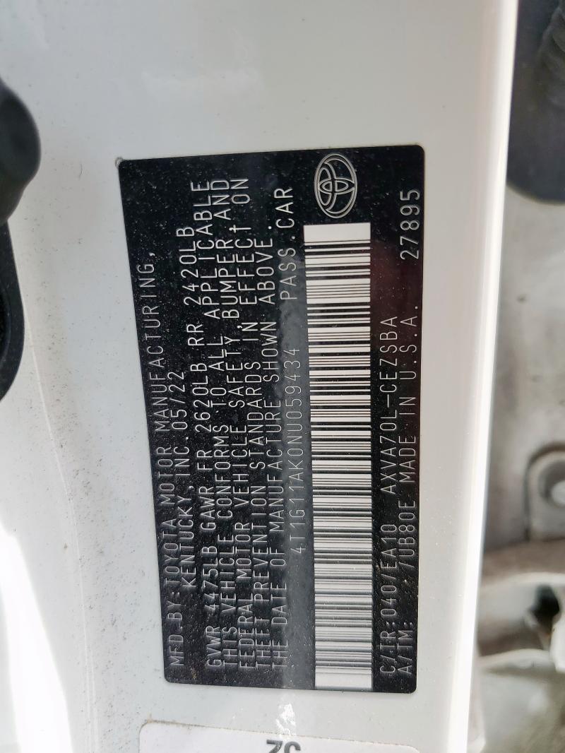 4T1G11AK0NU059434 - 2022 TOYOTA CAMRY SE WHITE photo 12