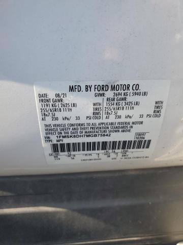 1FMSK8DH7MGB75842 - 2021 FORD EXPLORER XLT WHITE photo 12