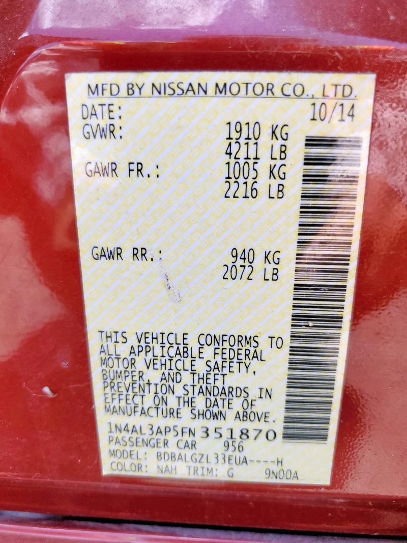 1N4AL3AP5FN351870 - 2015 NISSAN ALTIMA 2.5 MAROON photo 12