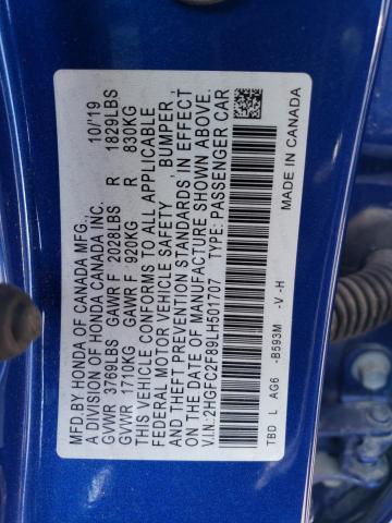 2HGFC2F89LH501707 - 2020 HONDA CIVIC SPORT 蓝色 照片 12