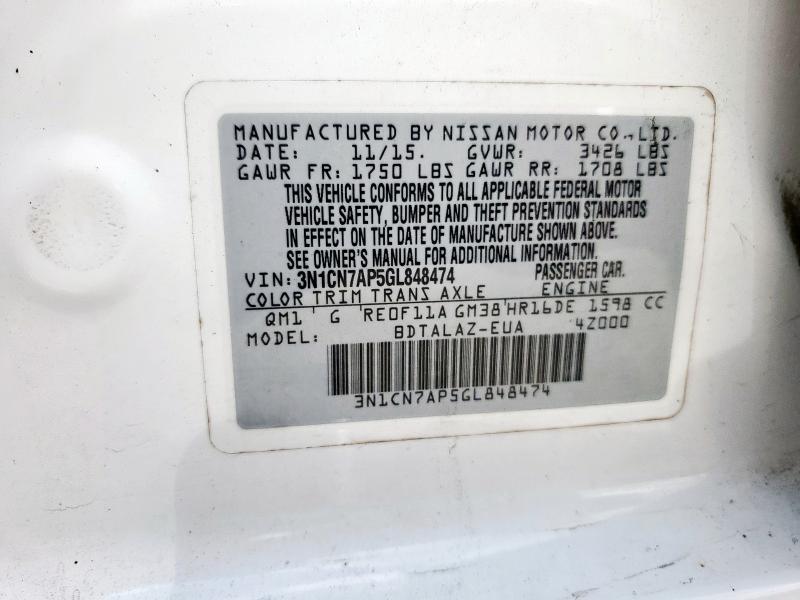 3N1CN7AP5GL848474 - 2016 NISSAN VERSA S WHITE photo 13