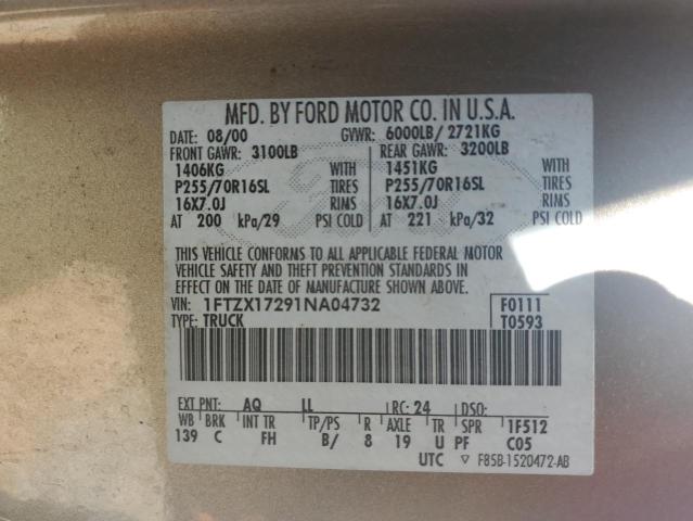 1FTZX17291NA04732 - 2001 FORD F150 TAN photo 12