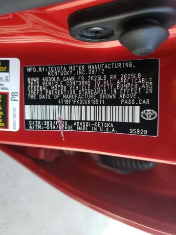 4T1BF1FK3CU618511 - 2012 TOYOTA CAMRY BASE Красный фото 12