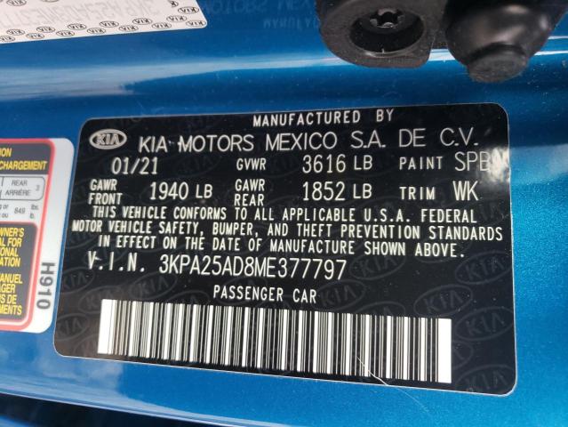 3KPA25AD8ME377797 - 2021 KIA RIO S BLUE photo 12