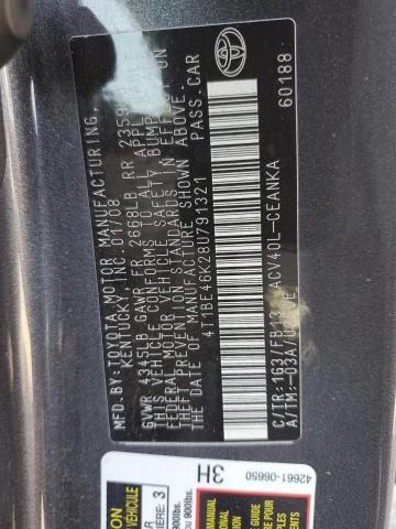 4T1BE46K28U791321 - 2008 TOYOTA CAMRY CE Մոխրագույն լուսանկար 12