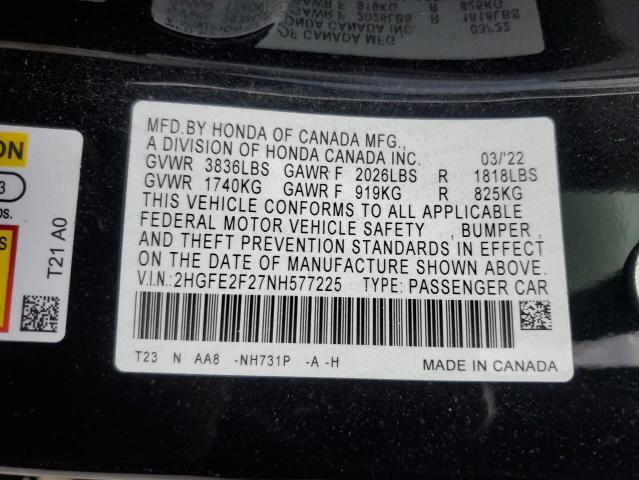 2HGFE2F27NH577225 - 2022 HONDA CIVIC LX BLACK photo 13