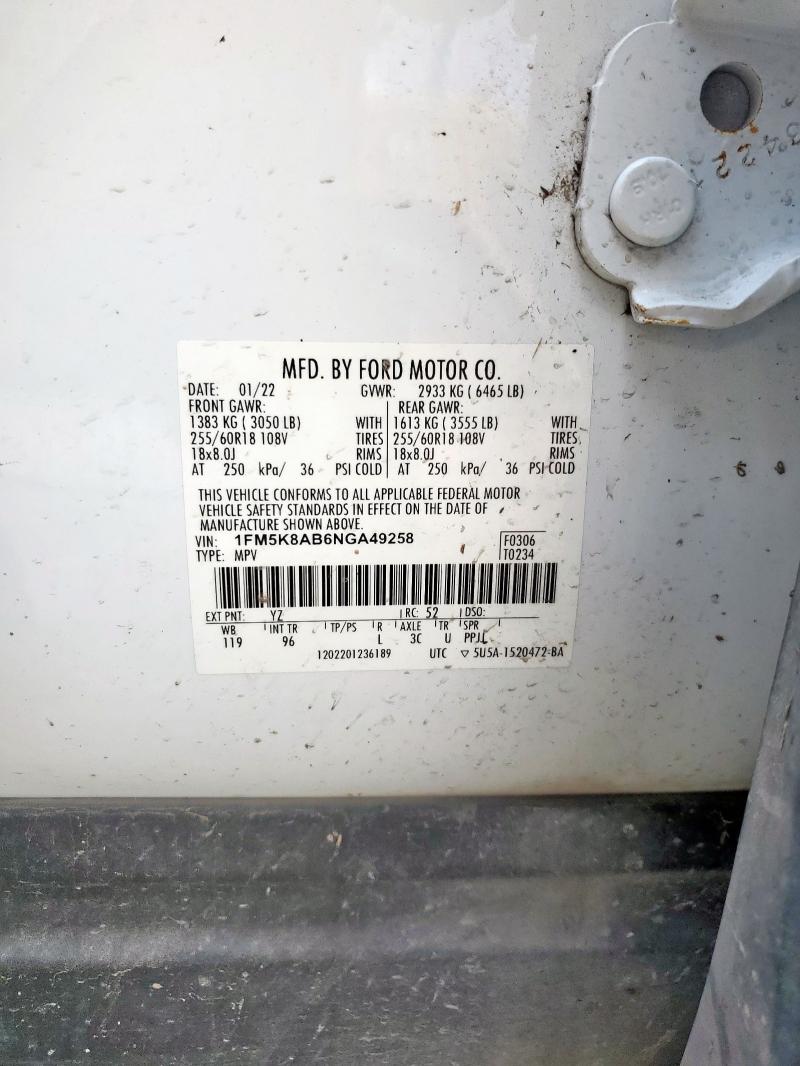 1FM5K8AB6NGA49258 - 2022 FORD EXPLORER POLICE INTERCEPTOR أبيض صورة 13