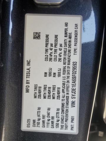 5YJ3E1EA6SF029593 - 2025 TESLA MODEL 3 GRAY photo 12
