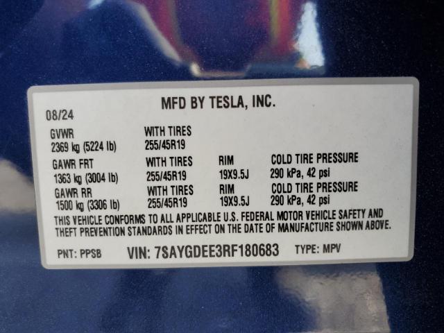 7SAYGDEE3RF180683 - 2024 TESLA MODEL Y BLUE photo 14