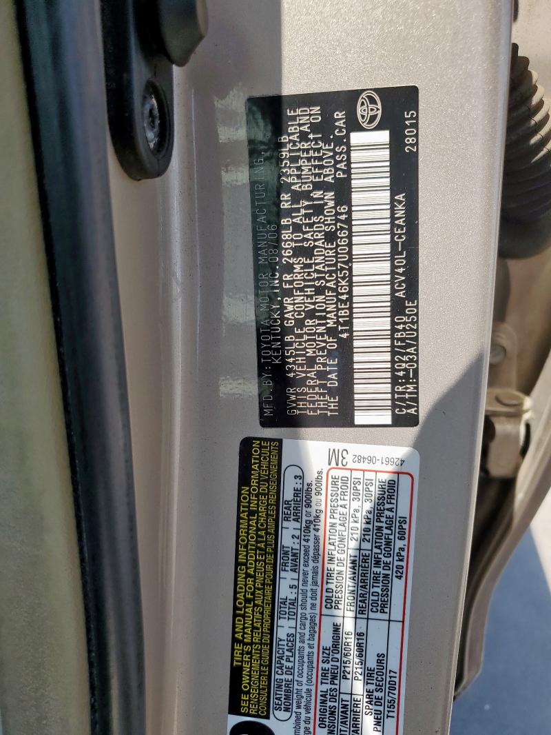 4T1BE46K57U066746 - 2007 TOYOTA CAMRY CE 金色 照片 12