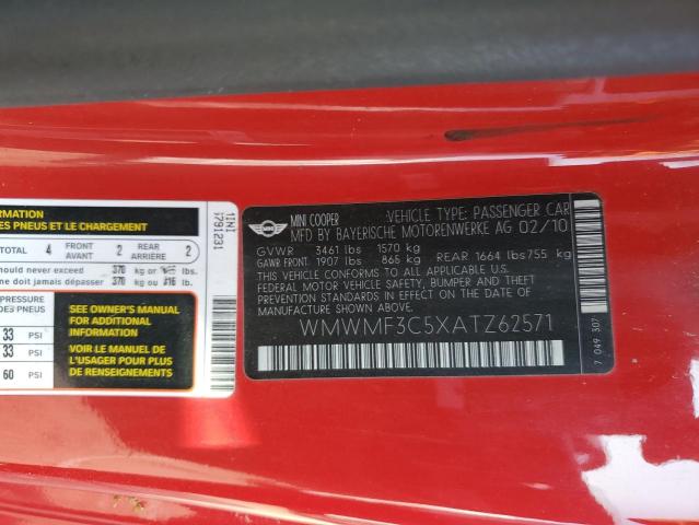 WMWMF3C5XATZ62571 - 2010 MINI COOPER წითელი ფოტო 12