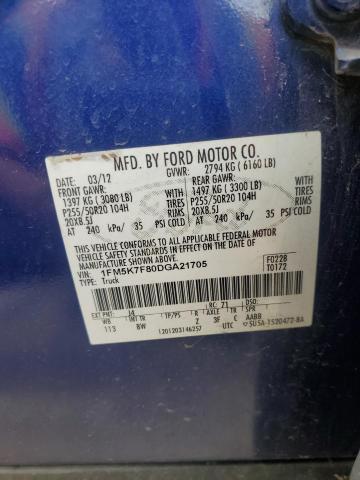 1FM5K7F80DGA21705 - 2013 FORD EXPLORER LIMITED BLUE photo 13