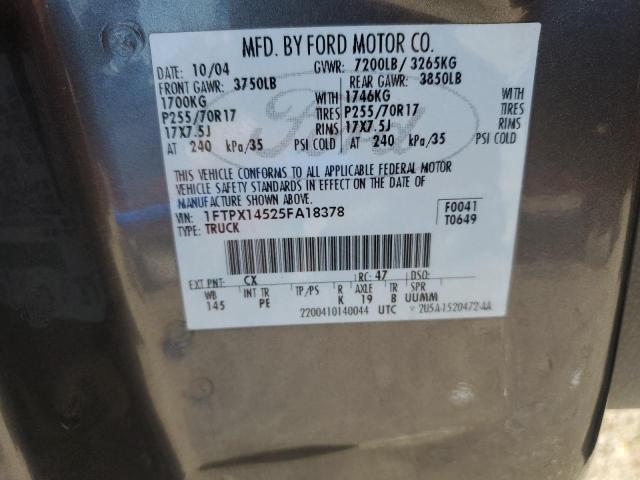 1FTPX14525FA18378 - 2005 FORD F150 GRAY photo 12