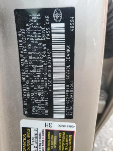 4T4BE46K39R049467 - 2009 TOYOTA CAMRY BASE BEIGE photo 13