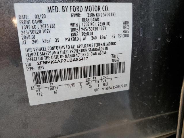 2FMPK4AP2LBA85417 - 2020 FORD EDGE ST CHARCOAL photo 12