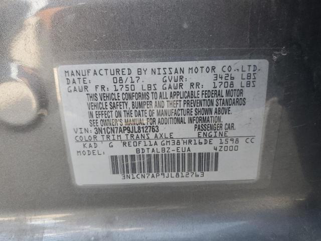 3N1CN7AP9JL812763 - 2018 NISSAN VERSA S GRAY photo 12