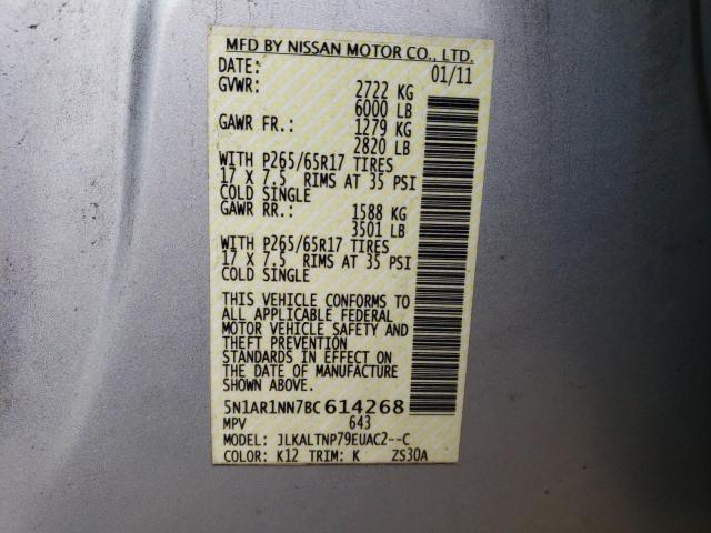 5N1AR1NN7BC614268 - 2011 NISSAN PATHFINDER S 银色 照片 13