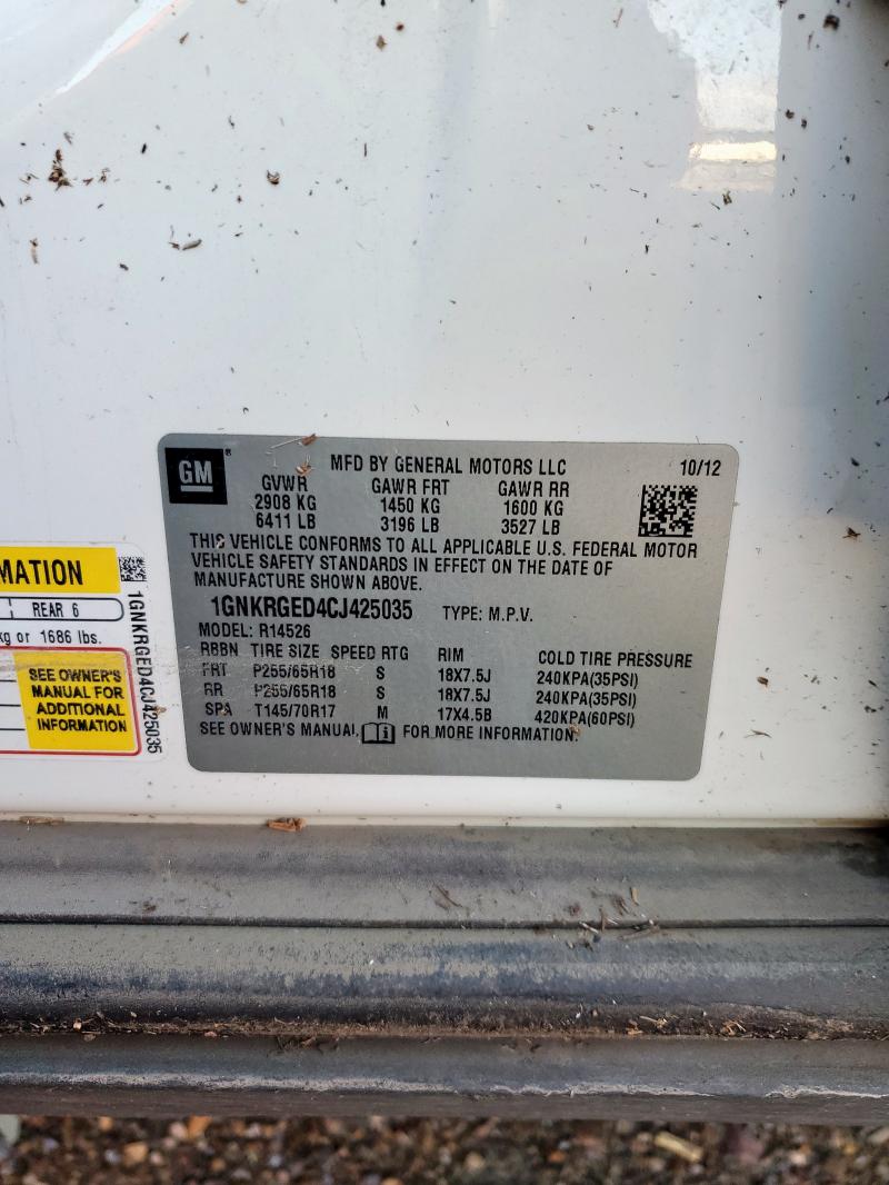 1GNKRGED4CJ425035 - 2012 CHEVROLET TRAVERSE LT WHITE photo 14