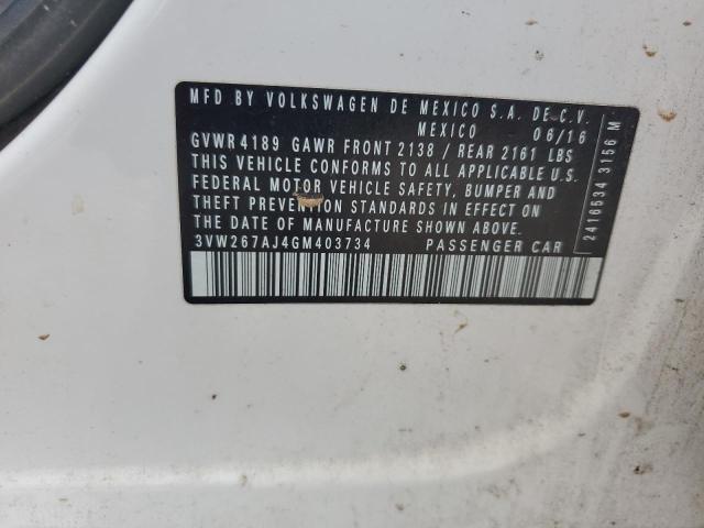 3VW267AJ4GM403734 - 2016 VOLKSWAGEN JETTA S WHITE photo 12