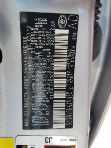 2T1BU4EE0CC828875 - 2012 TOYOTA COROLLA BASE 银色 照片 12