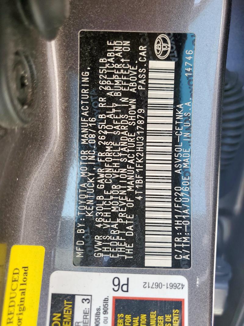 4T1BF1FK2HU317879 - 2017 TOYOTA CAMRY LE CHARCOAL photo 13