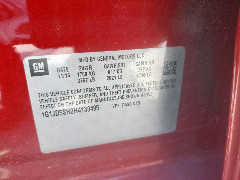 1G1JD5SH2H4130495 - 2017 CHEVROLET SONIC LT BURGUNDY photo 12