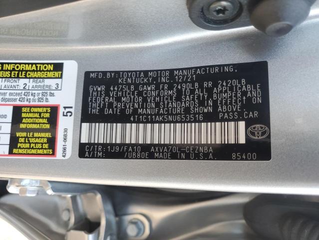 4T1C11AK5NU653516 - 2022 TOYOTA CAMRY LE 银色 照片 12