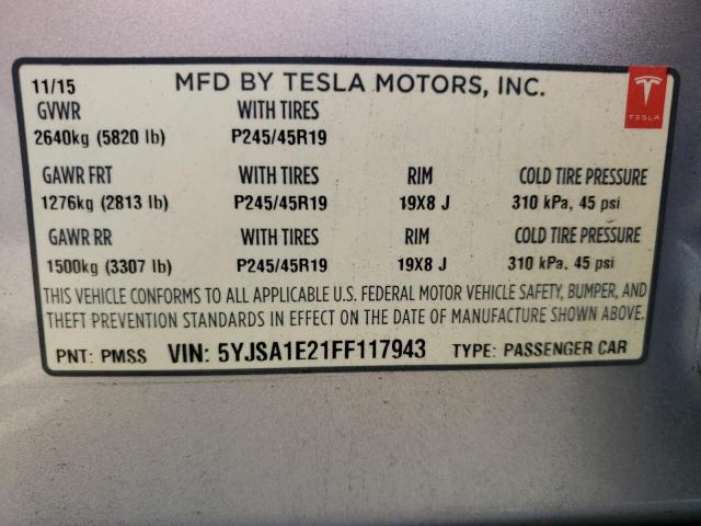 5YJSA1E21FF117943 - 2015 TESLA MODEL S Արծաթագույն լուսանկար 12