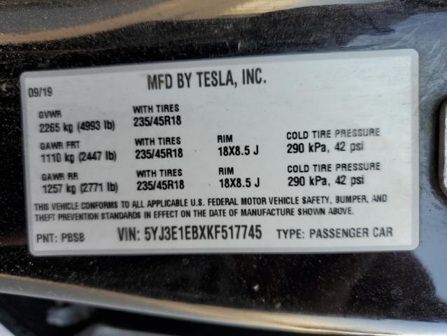 5YJ3E1EBXKF517745 - 2019 TESLA MODEL 3 Қара фото 13